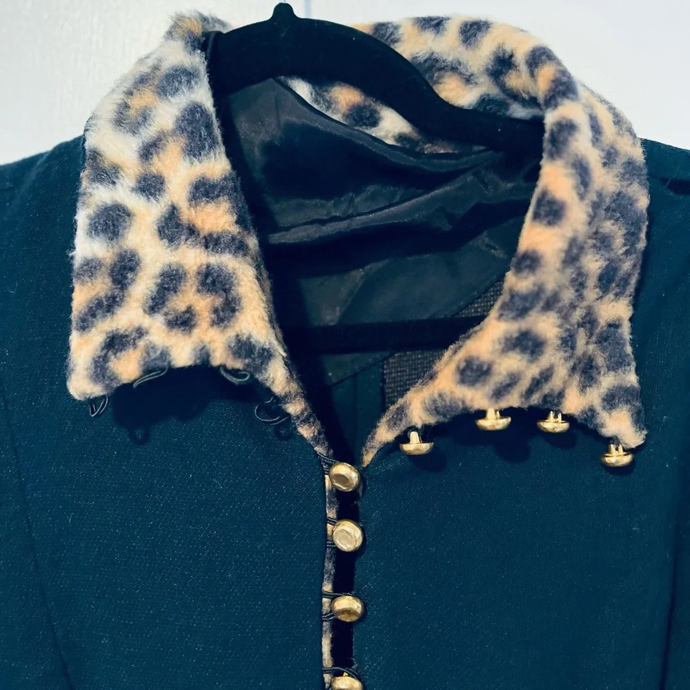 Vintage Black Wool Dress with Leopard Print Cuffs and Brass Buttons - Picture 2 of 3